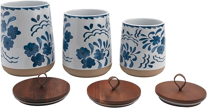 TTU Tabletops Gallery Ceramic Canister Collection- Stoneware Designed Kitchen Storage Acacia Wood White Set, 3 Piece Botanical Blue Canister Set