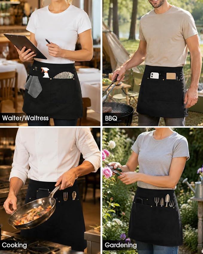 Work Server Apron for Men Women 2PCS with 3 Pockets for chef, waitress | Black Waist Apron for Waitress, Waiter, Barista, Ideal for Cafe, Bar, Gardening, Cooking, BBQ, Painting, Cleaning - Image 7