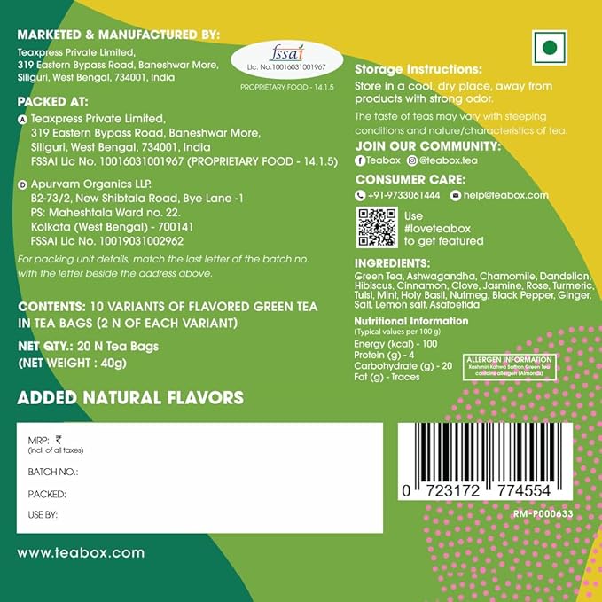 Teabox Green Tea Sampler Bags | 100% Natural I Immunity Boosting Sampler Pack | USDA Certified Organic Green Tea (20 Count (Pack of 1))