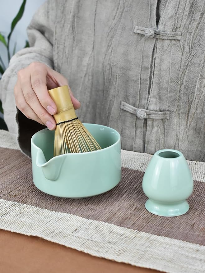 Artcome Premium Matcha Tool Set Green 1, 4 Pcs, Japanese Matcha Set with Bowl, Whisk, Holder, Scoop & Manual