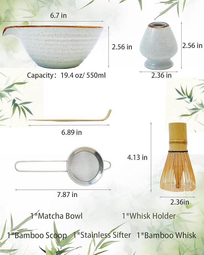 Matcha Whisk Set,Matcha Set,Matcha Kit,Matcha Bowl with Spout,Scoop,Sifter,Bamboo Whisk,Chasen Holder,Unique Gifts for Women Mom her Grifend,Gifts for Christmas, Birthday