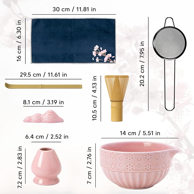 Matcha Whisk Set, Ceramic & Pink Matcha Set with Bowl, Bamboo Whisk, Scoop, Strainer, Scoop Rest, Holder, Cloth + Instruction Handbook – Traditional Japanese Tea Ceremony Kit