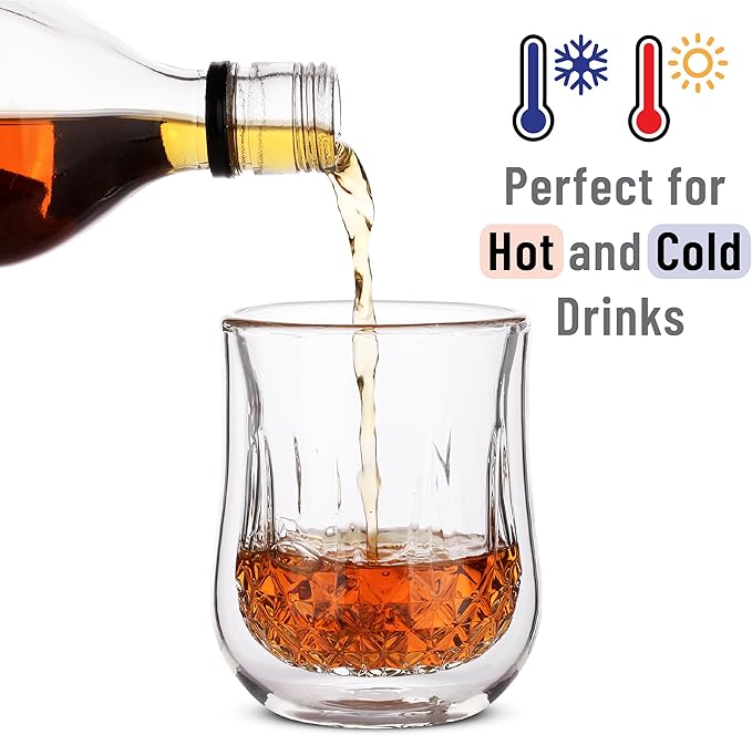 BTaT- Double Walled Drinking Glass, 4 Pack, 8 oz, Stylish Insulated Rocks Glass for Hot and Cold Beverages, Whiskey, Bourbon, Vodka and Scotch