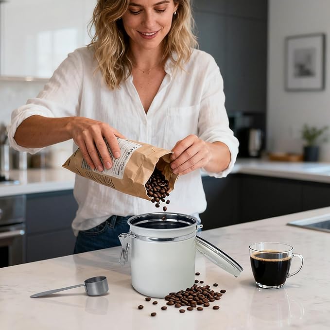 1.5L Airtight Vacuum Coffee Canister, Stainless Steel Storage Container for Coffee Beans and Grounds with Scoop.Suitable for coffee powder, coffee beans, rice, tea leaves, sugar, flour, and grains