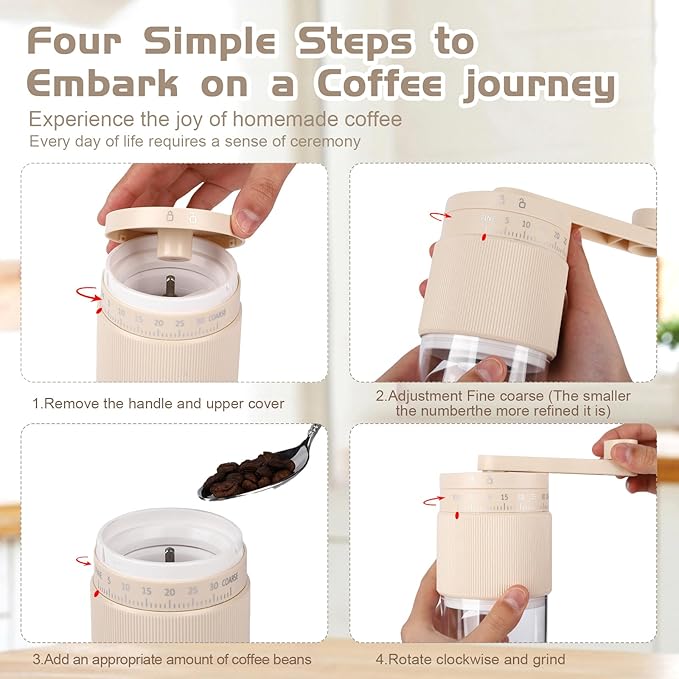 Manual Coffee Grinder - 95 Ceramic Burr, Adjustable Coarse to Fine, 30g Beans & 80ml Powder, Detachable Handle for Espresso, French Press, Camping (Pink)