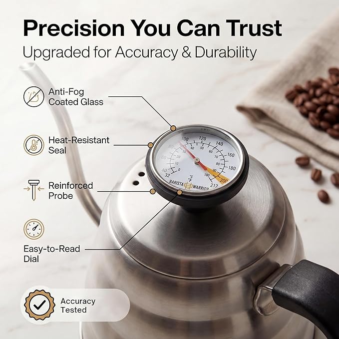 Barista Warrior Gooseneck Kettle with Thermometer - 1.2L Pour Over Coffee & Tea Kettle, 18/8 Stainless Steel Gooseneck Kettle Pot, Precision Pour Drip Spout, Suitable for All-Stoves (40 fl oz)