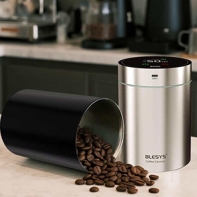 Smart Vacuum Coffee Canister, Automatic Stainless Steel Food Storage Container, LCD Monitoring, One-touch Freshness, Date Tracker, Extra-long Standby Time, Holds 20 oz Coffee Beans (Black, 1.8L)