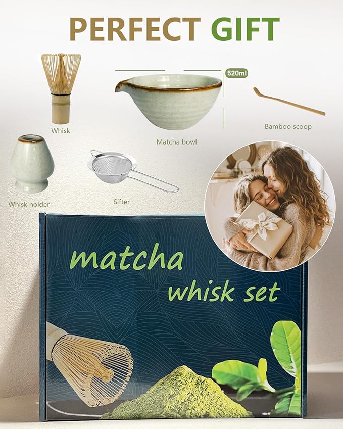 Matcha Whisk Set with Matcha Bowl, Matcha Bamboo Whisk, Scoop, Sifter, Matcha Whisk Holder Unique Gifts for Women Mom Her Girl Friend Home Kitchen Decor Gifts for Christmas, Birthday