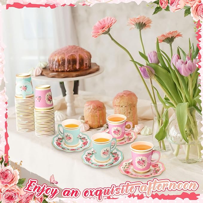 Tioncy 100 Pcs Tea Party Decorations Include 50 Pieces 9 oz Paper Tea Cups with Handle and 50 Plates Disposable Teacups and Saucers Sets for Birthday(Pink and Blue Floral)