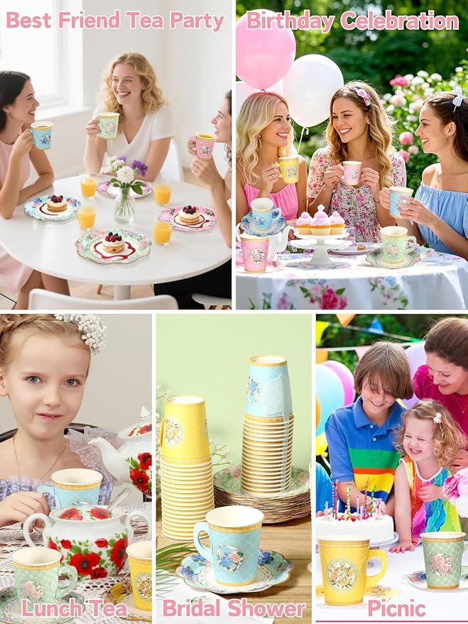 32 Set Floral Paper Tea Cups(8.5 oz) with Handle & 6" Saucers Set, 64pcs Disposable Tea Cup Saucer for Cold & Hot Drinks Serves 32 for Tea Party Wedding Baby Shower Party Supplies