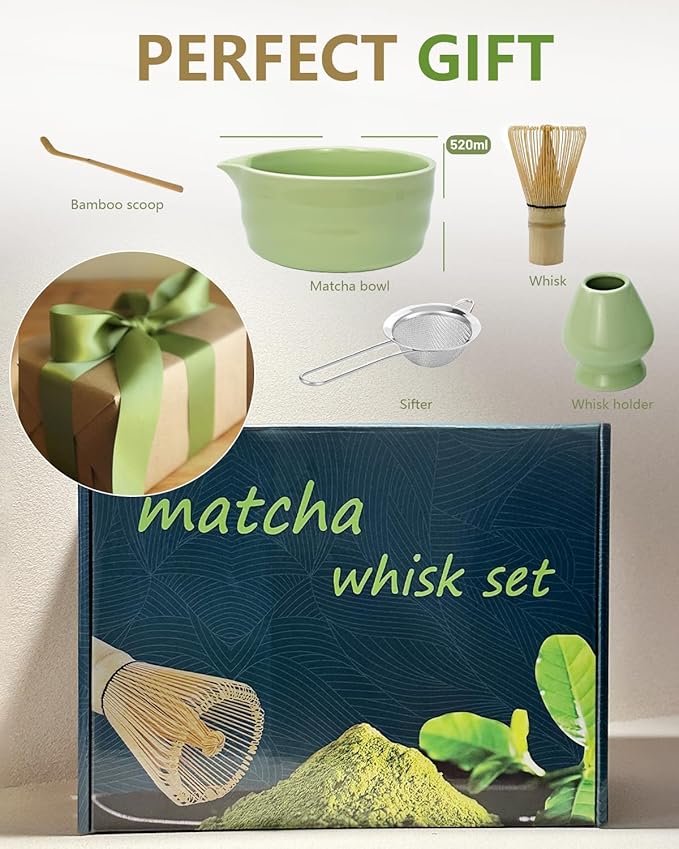 Matcha Whisk Set with Matcha Bowl, Matcha Bamboo Whisk, Scoop, Sifter, Matcha Kit Holder Unique Gifts for Women Men Girl Friend Home Kitchen Decor Gifts for Christmas, Birthday(Light Green)