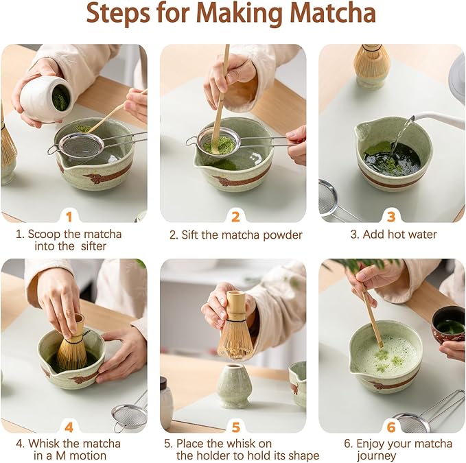 Matcha Set with Dog Pattern, Japanese Matcha Whisk Set Includes Matcha Bowl with Spout, Whisk Holder, Bamboo Whisk and Scoop, Matcha Sifter, 17 oz Ceramic Matcha Kit for Tea Lovers (Mottled Green)