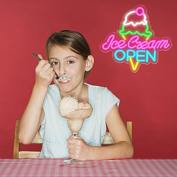Ice Cream Open Neon Sign Led Neon Light for Wall Decor, USB Dimmable Ice Cream Open Wall Decor Sign for Business Store Dessert Shop Bar Party Cafe