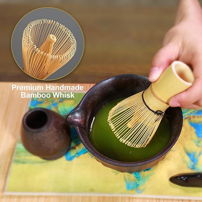 Matcha Set Whisk and Bowl, 8 Pcs Matcha Making Kit includes Bowl with Spout, Bamboo Whisk, Bamboo Scoop, Ceramic Holder and Stainless Sifter for Tea Matcha Lover, Gilded