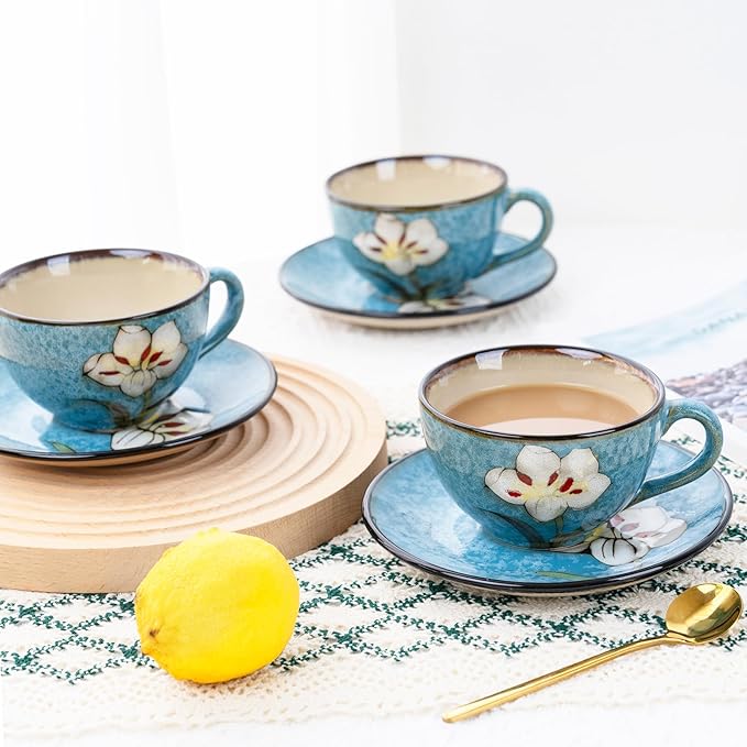 8 Oz Floral Porcelain Cappuccino Cups with Saucers Set of 4, Stoneware Tea Coffee Mugs for Home Kitchen & Office, Dishwasher Microwave Oven Safe, for Espresso, Latte, Americano, Milk & Tea, Blue