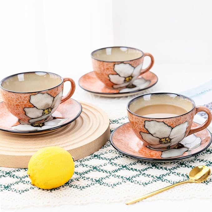 8 Oz Floral Porcelain Cappuccino Cups with Saucers Set of 4, Stoneware Tea Coffee Mugs for Home Kitchen & Office, Dishwasher Microwave Oven Safe, for Espresso, Latte, Americano, Milk & Tea, Pink