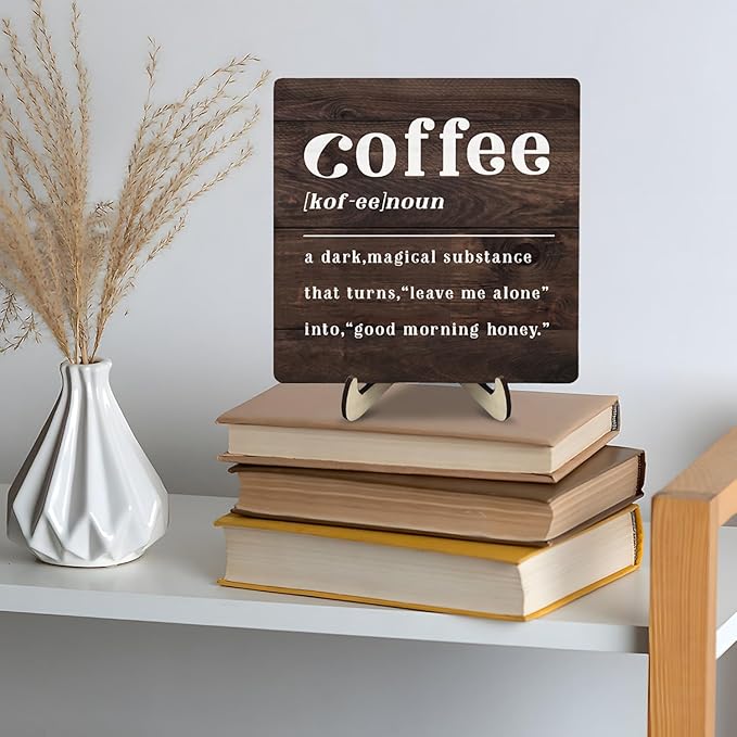 Coffee Bar Sign Plaque,Coffee Bar Accessories,Vintage Cafe Bar Plaque Desk Decor for Kitchen Home or Office,Farmhouse Decoration 5.9x5.9inch