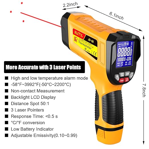 Infrared Thermometer Gun, -58℉ to 3992℉, High Temp Laser Thermometer with Adjustable Emissivity, Non-Contact Digital IR Pyrometer for Furnace, Kiln, Metal, Industrial Use
