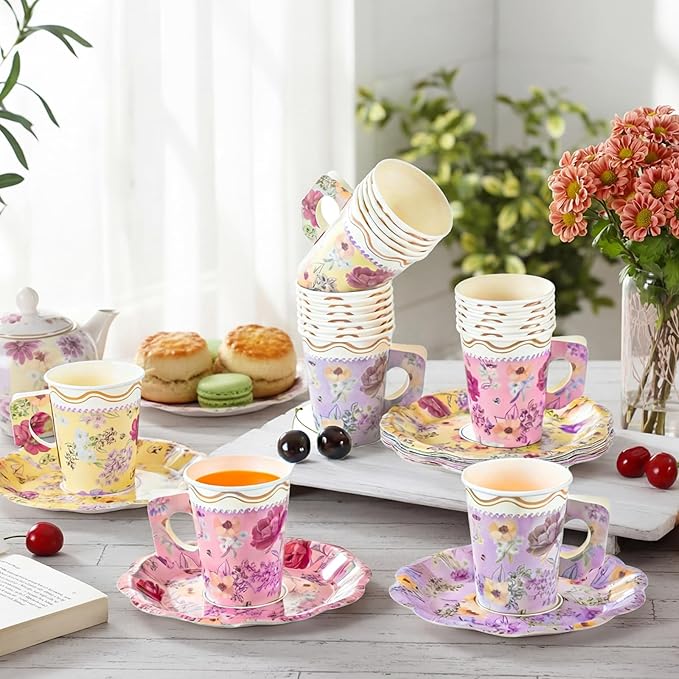 24 Sets Floral Paper Tea Cups and Saucers 8.5 oz Vintage Floral Afternoon Disposable Cups with Handles and Plates Tea Party Decorations for Wedding Garden Mother's Day Hot Cold Drink Birthday