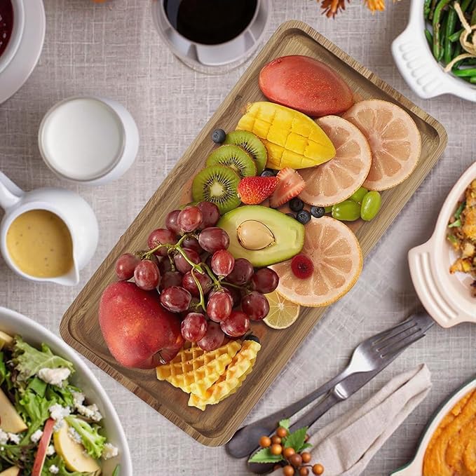 Solid Acacia Wood Serving Trays (14 x 7 inches) Rectangular Wooden Serving Platters for Home Decor, Food, Vegetables, Fruit, Charcuterie, Appetizer Serving Tray, Cheese Board