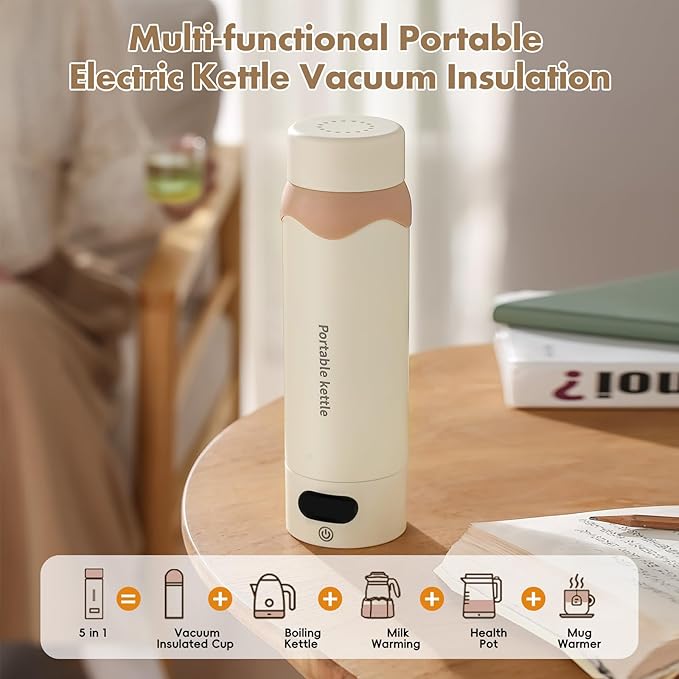 Portable Electric Kettle 16oz - Mini Travel Kettle Vacuum Insulation 304 Stainless Steel Small Water Boiler for Coffee, Tea - 4 Adjustable Temperature and Automatic Shut-off with Kettle Bag