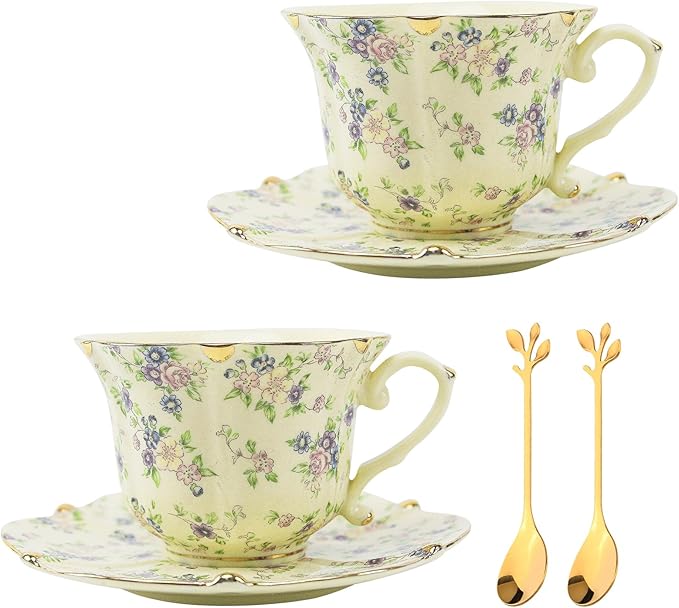 Country Roses Porcelain Tea Cup and Saucer Set with Gold Trim, Vintage Style, For Women and Tea Parties (2, Yellow)