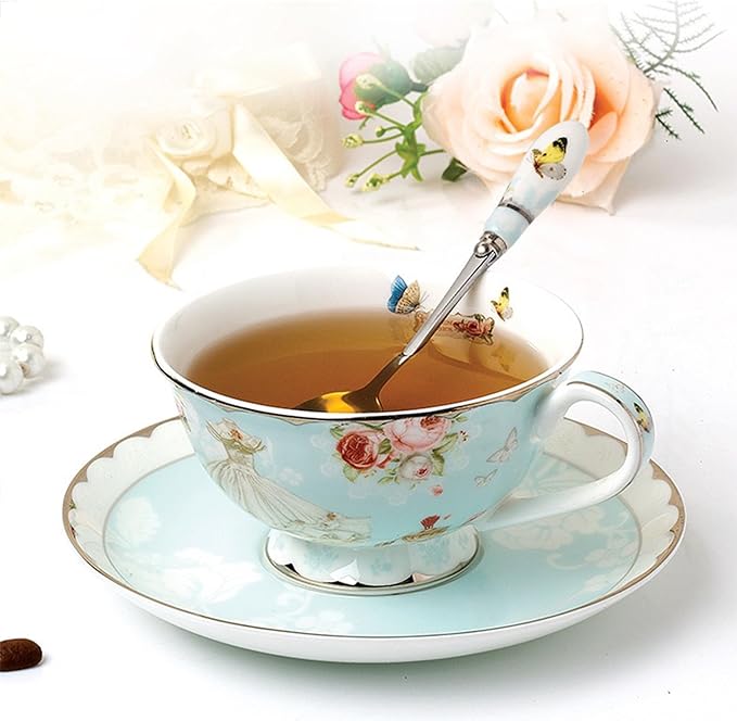 Vintage Ceramic Teacup, Elegant Coffee Cup with Spoon and Saucer Set,Royal Bone China Tea Cups (Wedding)