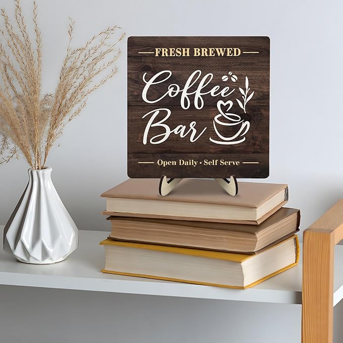 Coffee Bar Sign Plaque, Rustic Wooden Tabletop Plaque with Stand, Vintage Farmhouse Café Counter Sign for Kitchen Coffee Station, Fresh Brewed Mini Bar Decor 5.9x5.9inch