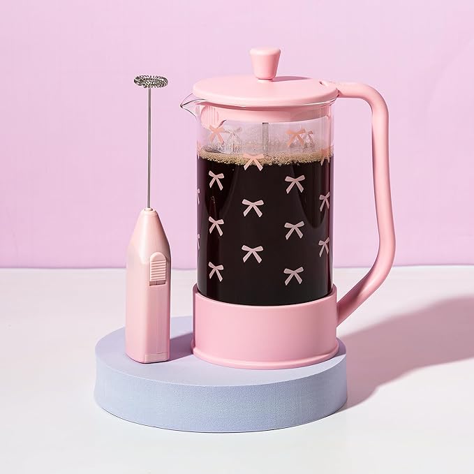 Paris Hilton Bow Design French Press and Frother Coffee Gift Set, Includes a 8-Cup Coffee Press and Battery Operated Handheld Milk Frother, 2-Piece Set, Pink