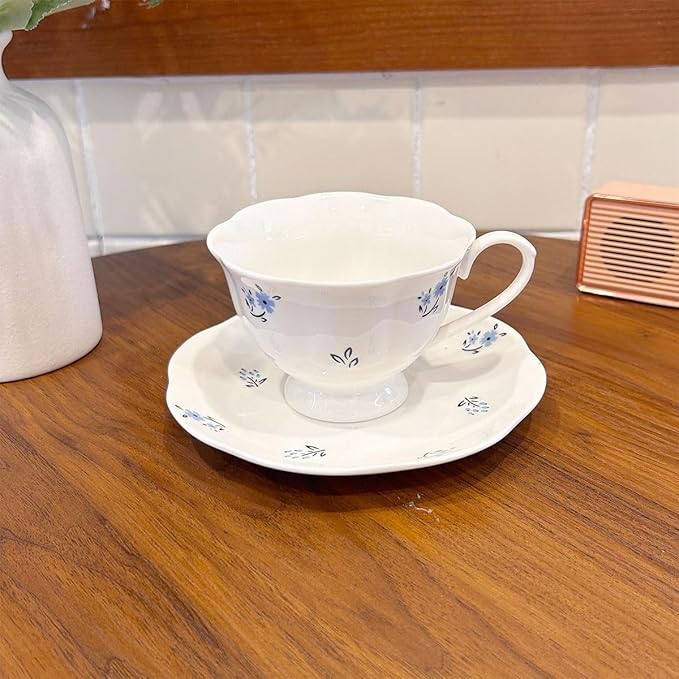 Tea Cup and Saucer Set with Blue Flowers,6.76 oz Ceramic Coffee Cup,Latte Mug for Mother's Day Gifts (blue)
