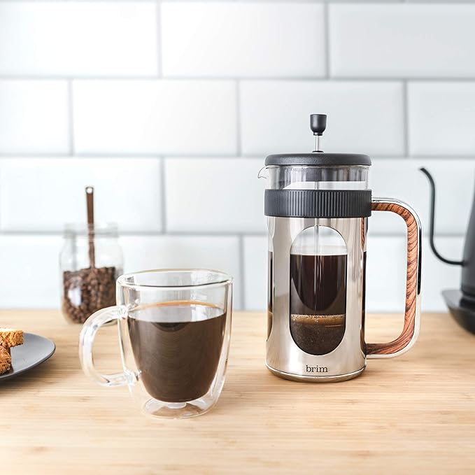 brim 8 Cup French Press, Quickly Brew Coffee in Under 5 Minutes, Classic Design with Modern Twist, Dishwasher Safe Carafe for Easy Cleaning, Replacement Filter Included, Stainless Steel/Wood