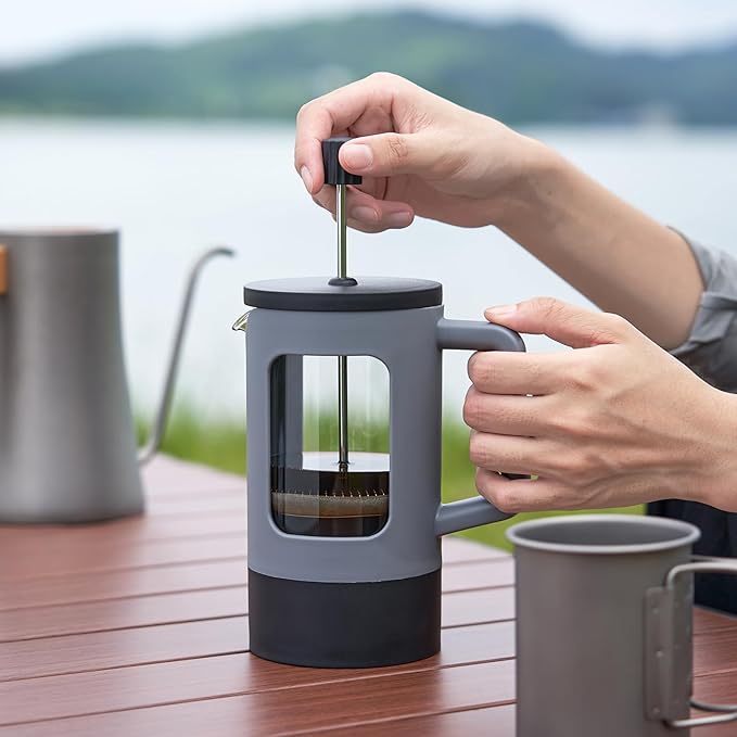YOLIFE French Press Coffee Maker (12 oz), Camping Mini Coffee Press, Single Cup French Press, Heat-resistant Borosilicate Glass, Portable for Travel, Grey and Black