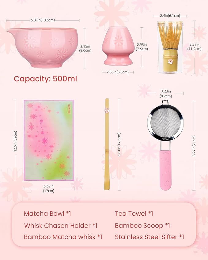 Matcha Whisk Set, 6pcs Matcha Set Includes Matcha Bowl with Spout, Bamboo Whisk & Scoop with Cute Charm, Chasen Holder, Innovative Sifter Handle, Tea Mat for Latte Making, Pale Pink