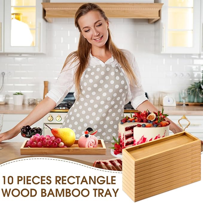 Bokon 10 Pcs Rectangle Wood Bamboo Tray Bamboo Serving Tray Wooden Serving Platter for Bathroom Counter Platter for Food Dinner Kitchen(Classic Style)