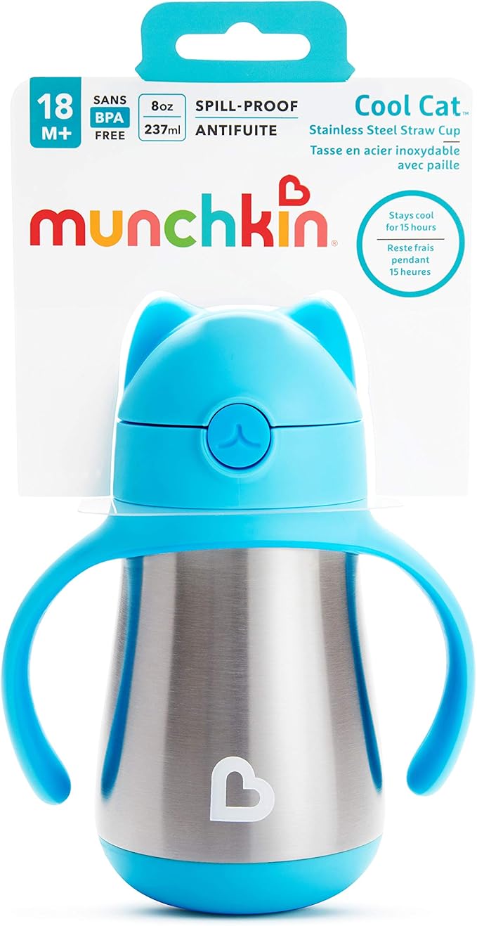 Munchkin Cool Cat Sippy Cup with Straw for Toddlers, Stainless Steel Straw Cup, 8 Ounce, Blue