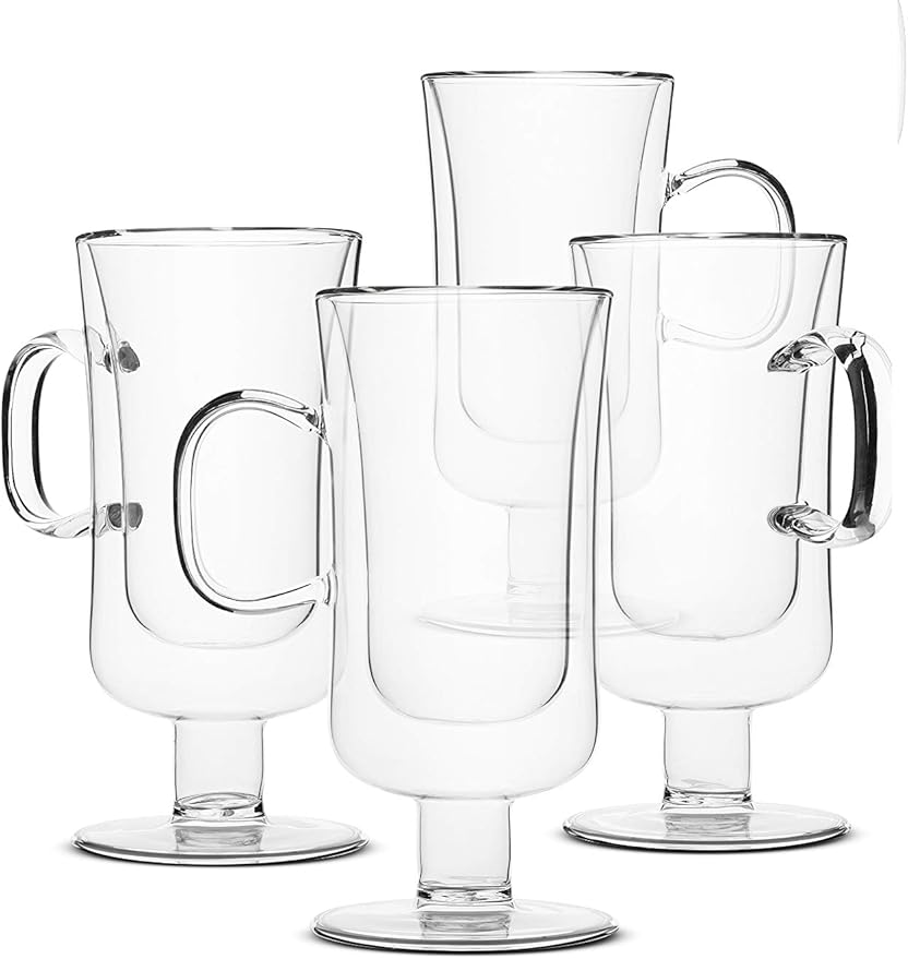 BTaT- Double Walled Glass Irish Coffee Mugs, 10 oz, Set of 4, Glass Coffee Cups with Handle, Insulated Clear Irish Coffee Mug for Hot and Cold Beverages, Cappuccino, Latte, Americano, Microwave Safe