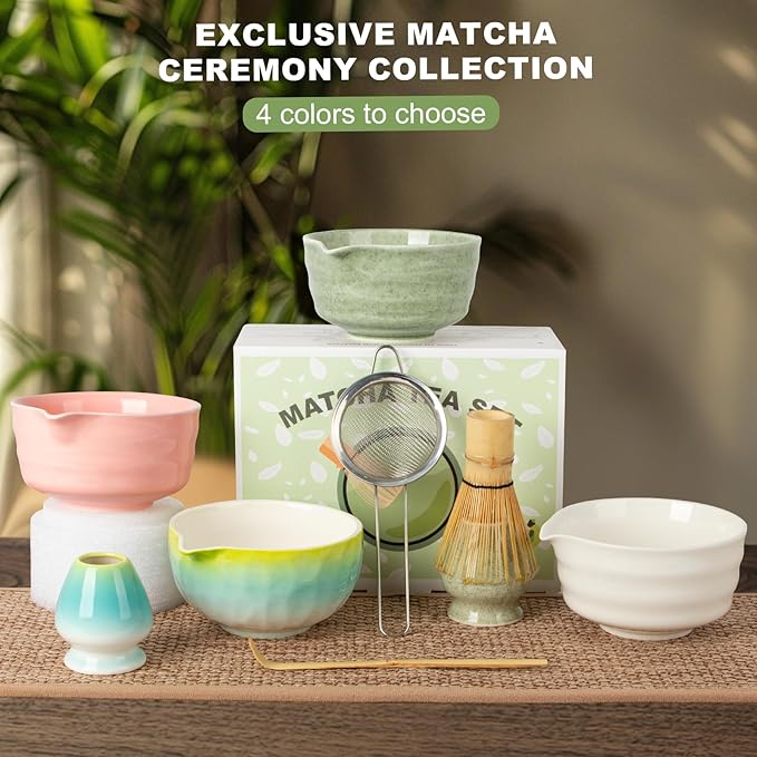 Dayacoco Matcha Whisk Set,Ceramic Matcha Kit Set Includes Bowl with Spout, Whisk,Holder,Bamboo Scoop and Sifter,5 pcs Matcha Tea Kit for Matcha Lovers, Ideal Gift for Christmas, Birthday (Green)