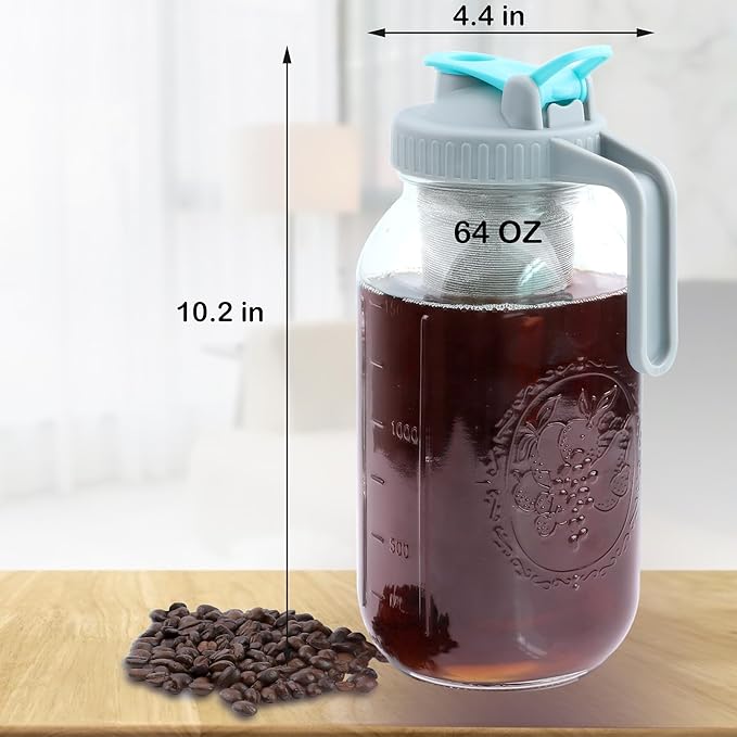GMSWEET Mason Jar Cold Brew Coffee Maker 64 OZ (2 Quart) Wide Mouth Cold Brew Pitcher With Brew Filter For Coffee, Iced Tea, Sun Tea, Lemonade
