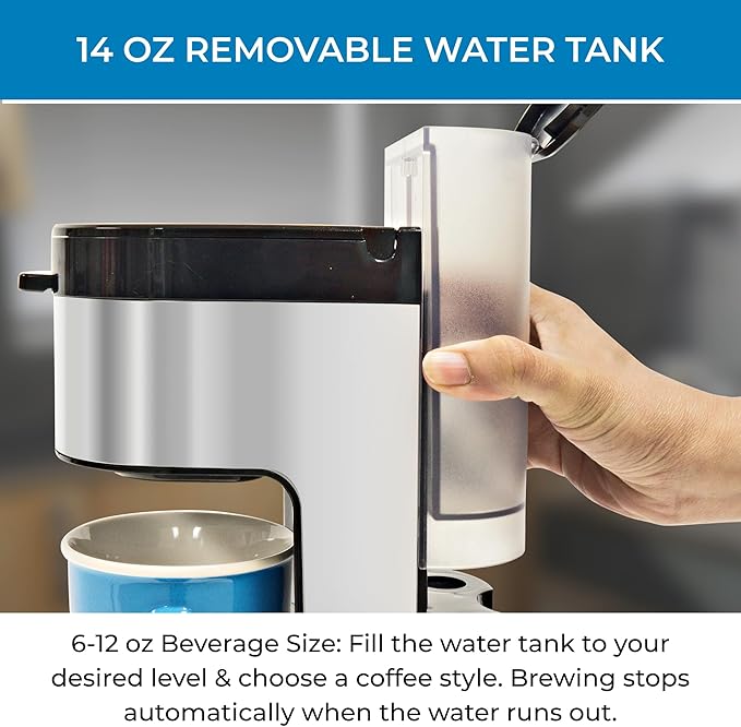 Kenmore Single Serve Coffee Maker – 6–14 Oz Brew Sizes, Compatible with Keurig K‑Cup Pods & Ground Coffee, One Cup Brewer, Travel Mug Friendly, Auto Shut‑Off, Hot & Iced Machine à café, Black