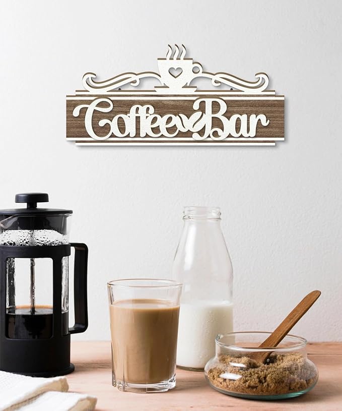 Putuo Decor Vintage Coffee Bar Sign, Farmhouse Coffee Accessories for Cafe Station Wall Decor, Long Double-Layer Cafe Sign for Home Kitchen Countertop Decoration, 12×5.5in