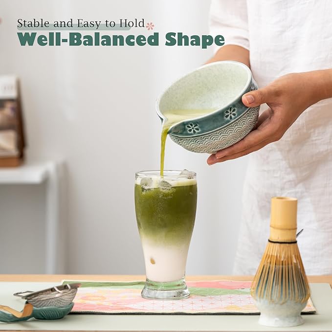 Matcha Tea Set, 8 Pcs Japanese Matcha Kit with Cherry Blossom and Wave Design Ceramic Bowl, Bamboo Whisk, Whisk Holder, Scoop, Sifter, Brush, Matcha Kit Set for Matcha Lovers (Blue Gradient)