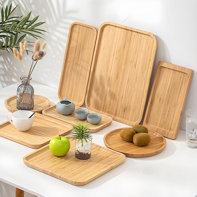 2-Pack Bamboo Trays - Rectangle Serving Platter - 12.60 * 7.08 * 0.8 in - For Home, Hotel, Restaurant - Fruit, Coffee, Tea Platters