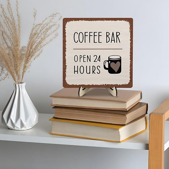 Coffee Bar Sign Plaque Decor,Coffee Bar Accessories,Rustic Wooden Tabletop Plaque with Stand, Minimalist Farmhouse Kitchen Counter Sign,Cute Mini Café Bar Decor Gift 5.9x5.9Inch