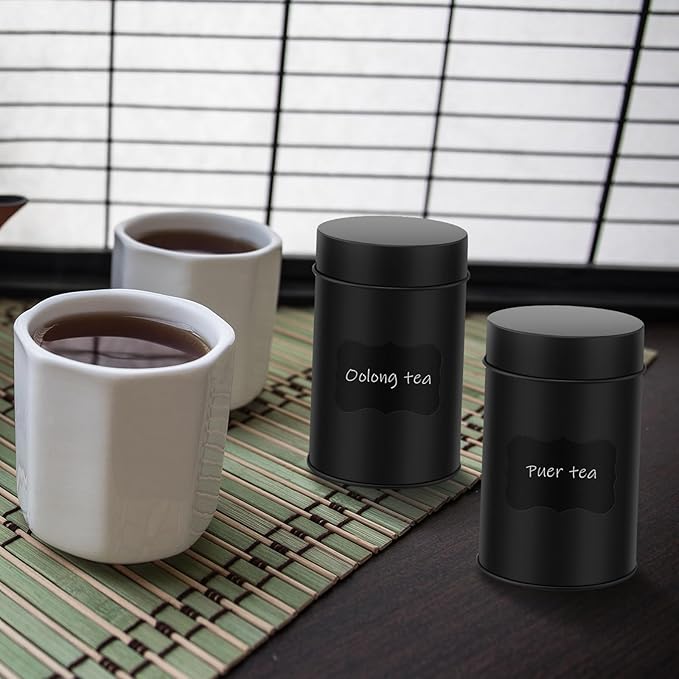 Tanlade 6 Pcs Tea Tin Canister Metal Round Can with Airtight Lid Double Sealed Tea Tin Canisters, with 1 Erasable Chalk Marker and 16 Stickers for Loose Leaf Coffee Sugar, 14 oz