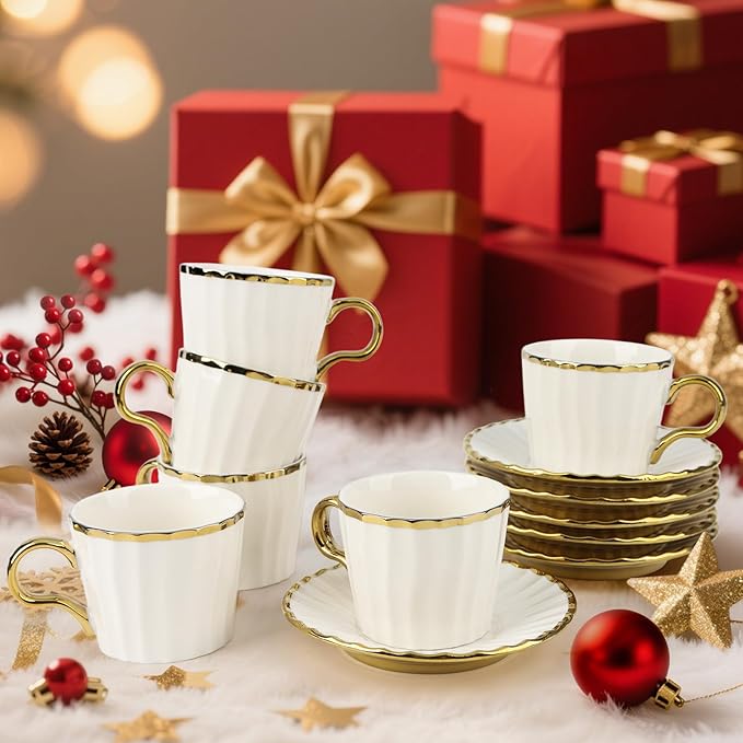 Espresso Cups with Saucers, 3.5 oz Turkish Coffee Cup With Gold Trim, Ceramic Tea Cups for Espresso Cappuccino Latte Mocha, Idea Gift, Dishwasher & Microwave Safe (Gold)