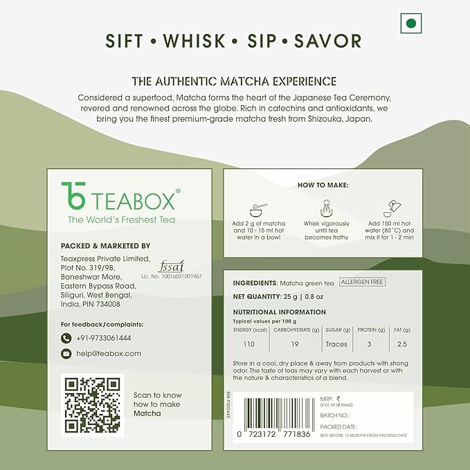 Teabox Matcha Green Tea Powder | 100% Pure & Fresh Authentic Premium Grade Matcha From The wengest Tencha Leaves | Sourced From Shizuoka, Japan | 25 Grams