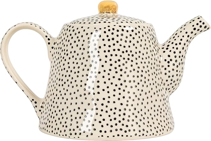 White Stoneware Teapot with Black Speckles & Gold Electroplating
