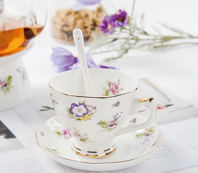 British Bone China Coffee Cup with Saucer and Spoon for Latte Americano Cups with Saucer Porcelain Tea Cup Set, Cups and Saucers 3 Piece Set(6.8oz) (A-white)