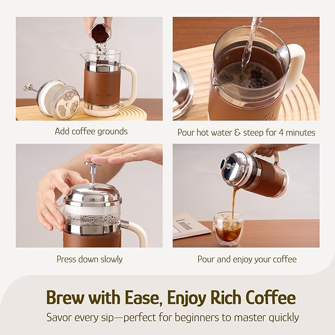 Hazel Quinn French Press Coffee Maker, 450ml / 15oz, Heat-Resistant Borosilicate Glass, 304 Stainless Steel, BPA-Free, Easy to Clean, Precision Filtration for Coffee & Tea