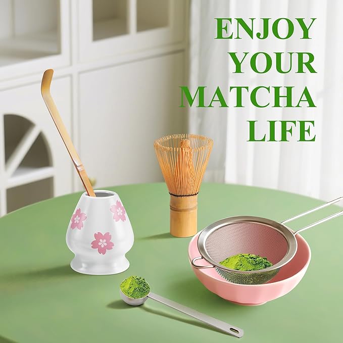 Matcha Whisk Set Matcha Making Kit Bamboo Chasen Ceramic Whisk Holder Stand Sifter Scoop Japanese Tea Tools (White)